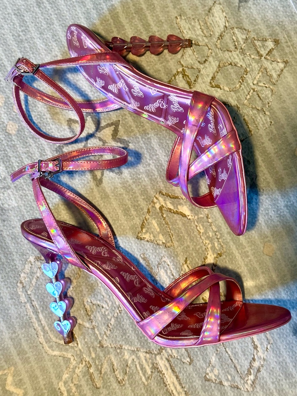 BARBIE x Aldo Pink Holographic Strappy Heel with Heart-Shaped Stacked Heel - Picture 3 of 9